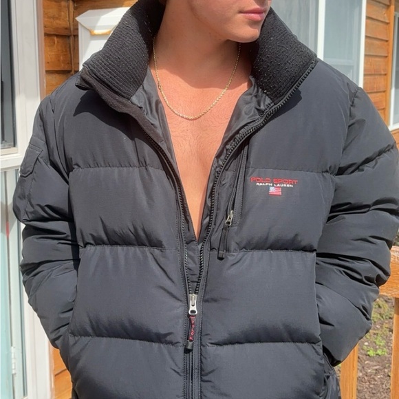 Vintage 1990s Ralph Lauren Polo Sport Black Down Puffer Coat Jacket Size XL